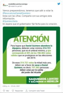 Umbral para revocar al disociador alcalde Quintero