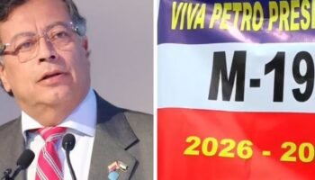 Polémica por bandera del M-19, que dice “viva Petro Presidente 2026-2030″, y que apareció en la alocución transmitida este domingo