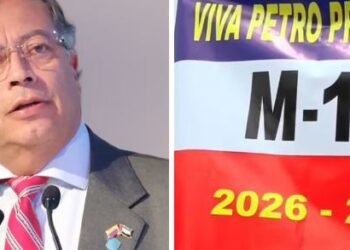 Polémica por bandera del M-19, que dice “viva Petro Presidente 2026-2030″, y que apareció en la alocución transmitida este domingo