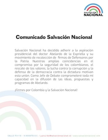 Salvación Nacional respalda la candidatura