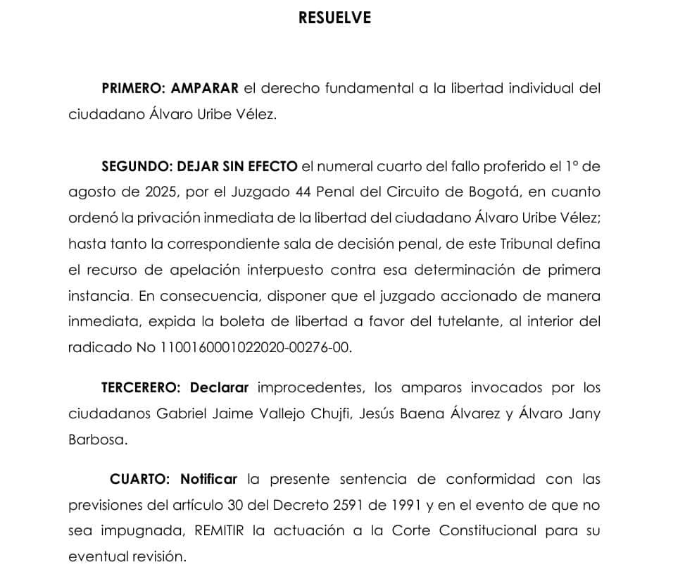 Tribunal ordena dejar en libertad al expresidente Álvaro Uribe tras fallo de tutela Álvaro Uribe