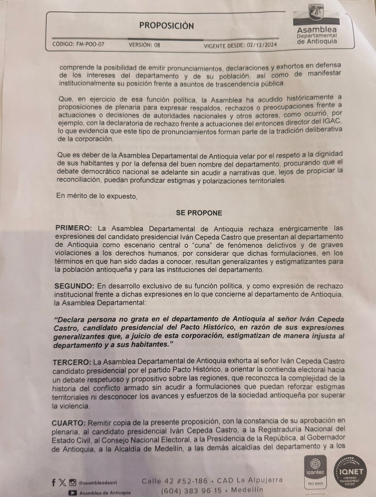 Iván Cepeda, persona no grata en Antioquia