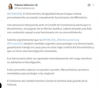 La candidata Paloma Valencia expuso denuncia de acoso sexual contra el viceministro Acxan Duque - crédito @PalomaValenciaL/X