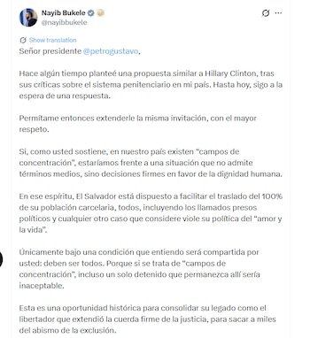Bukele planteó que, si se considera que existen violaciones sistemáticas de derechos humanos en su país, la respuesta debería ser el traslado total de los reclusos como una acción concreta - crédito @nayibbukele/X