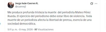 El ministro de Justicia, Jorge Iván Cuervo, rechazó el asesinato del periodista Mateo Pérez - crédito @cuervoji/X