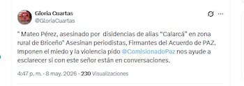 Gloria Cuartas, directora de la Unidad para la Implementación del Acuerdo de Paz de Colombia, exigió explicaciones sobre los diálogos de paz con alias Calarcá tras el asesinato de Mateo Pérez - crédito @GloriaCuartas/X