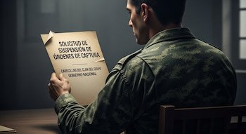 Un hombre de espaldas, vestido con uniforme de camuflaje, sentado en una silla de madera oscura, sostiene y lee un documento.