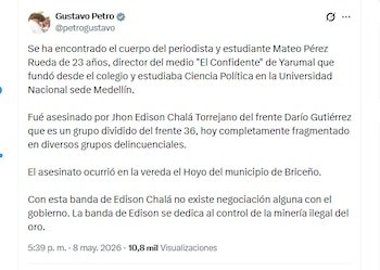 El presidente Gustavo Petro entregó detalles del asesinato del periodista Mateo Pérez - crédito @petrogustavo/X