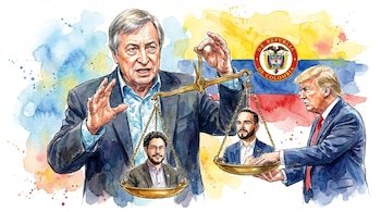 Ilustración en acuarela de Dick Morris sosteniendo una balanza con Iván Cepeda y Abelardo de la Espriella, y Donald Trump cerca. Fondo con la bandera de Colombia.