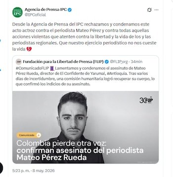La Agencia de Prensa IPC condenó el asesinato del periodista Mateo Pérez, haciendo una crítica sobre el riesgo que corren los comunicadores por su oficio - crédito @IPCoficial/X