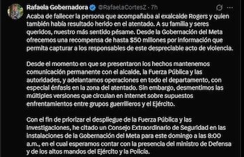 La gobernadora del Meta, Rafaela Cortés Zambrano, anunció una recompensa de $50 millones para capturar a los responsables del crimen - crédito Rafaela Cortés/X
