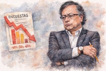 Acuarela de Gustavo Petro, gafas, traje, expresión seria. A su izquierda, gráfico de encuestas con barras y flecha roja descendente, mostrando caída.