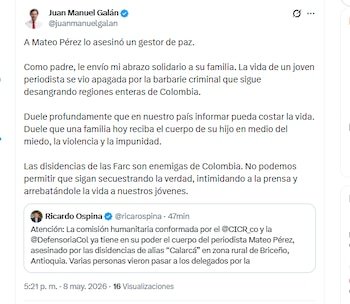 El director del Nuevo Liberalismo, Juan Manuel Galán, rechazó el asesinato del periodista Mateo Pérez - crédito @juanmanuelgalan/X