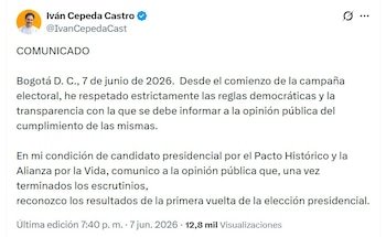 El aspirante Iván Cepeda aceptó su derrota en las elecciones presidenciales de primera vuelta - crédito @IvanCepedaCast/X