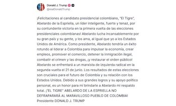 El presidente de Estados Unidos, Donald Trump, aseguró que el candidato presidencial colombiano Abelardo de la Espriella tendría éxito como mandatario de Colombia - crédito Donald Trump/Truth Social