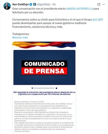 Ilan Goldfajn, presidente del BID, dijo que trabajará junto al nuevo gobierno para mejorar las vidas de los colombianos. - crédito IGoldfajn/X