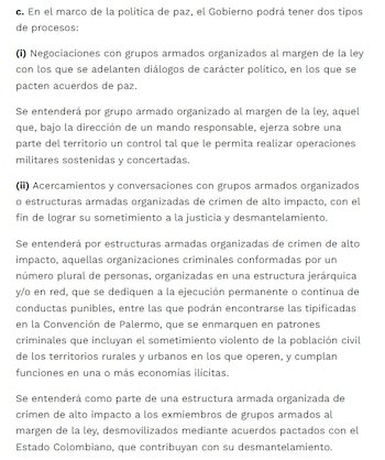 La Ley 2272 de 2022 establece dos tipos de procesos en la política de paz: negociaciones de carácter político y sometimiento y desmantelamiento de organizaciones criminales - crédito Ley 2272 de 2022/Función Pública