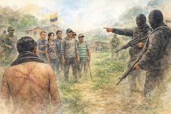 Criminales armados encapuchados apuntan a un grupo de campesinos colombianos a los que se les entregó tierras confiscadas a narcotraficantes - crédito