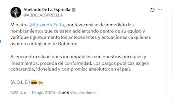 El presidente Abelardo de la Espriella pidió a la ministra de las TIC que revise los nombramientos que se estén adelantando dentro de su equipo - crédito @ABDELAESPRIELLA/X