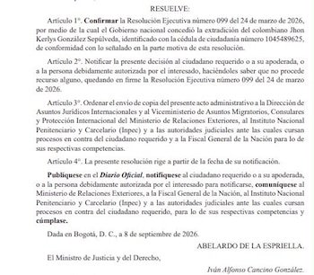 Ministerio de Justicia solicitó que se le notifique a Jhon Kerlys González la decisión - crédito Ministerio de Justicia