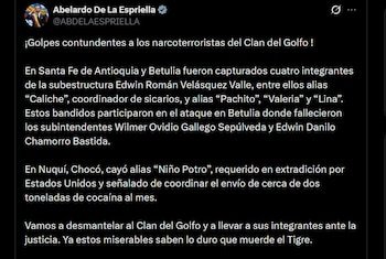 El presidente Abelardo De la Espriella confirmó una operación simultánea contra el Clan del Golfo en los departamentos de Antioquia y Chocó - crédito @ABDELAESPRIELLA / X