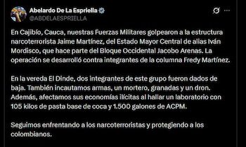 El Gobierno anuncia que mantendrá las acciones militares contra los grupos armados ilegales - crédito @ABDELAESPRIELLA / X