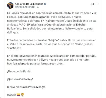 El Gobierno nacional sigue avanzando en su lucha contra los grupos armados - crédito @ABDELAESPRIELLA / X