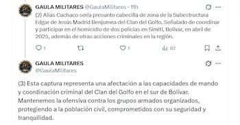 Las autoridades confirmaron avances en contra de la estructura criminal (Gaula Militares/X)